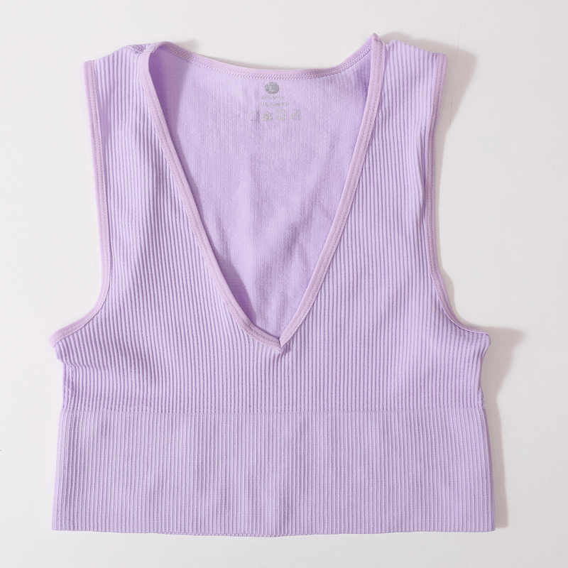 Lilac women's ribbed seamless tank top, deep V-neck, perfect for sport, yoga, running, SF0034, breathable, stretchable.
